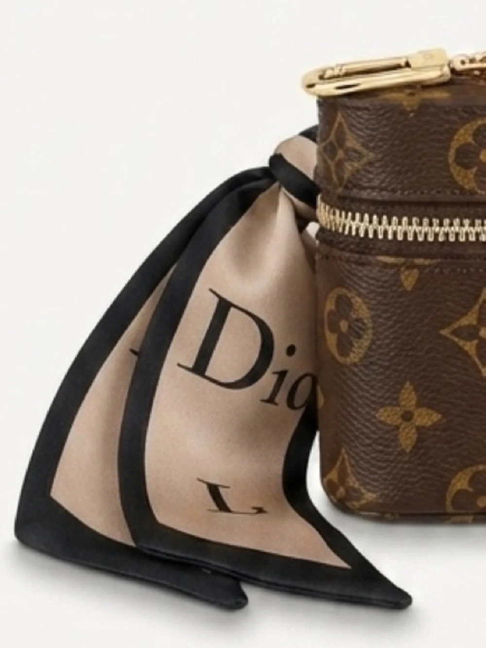 Beautiful Luxury Print Brown Leather Mini Case / Key Chain with Silk Scarf